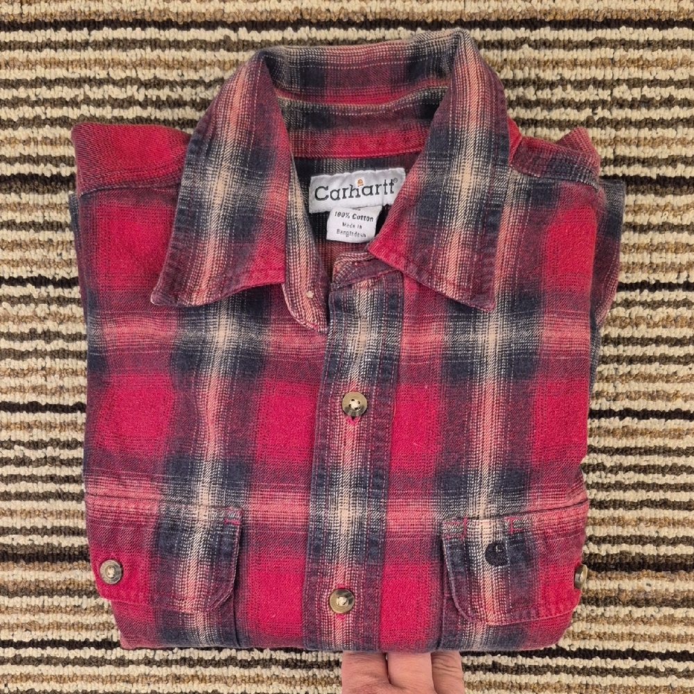 CARHARTT Dark Red Plaid Thick Cotton Flannel Medium Mens Long Sleeve Shirt VTG